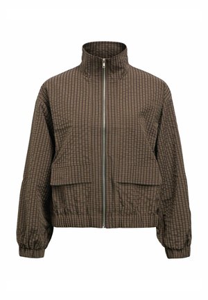 Brown checkered jacket with front zipper, high collar, elastic cuffs, and two large front flap pockets.