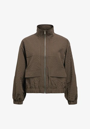 Veste à carreaux marron avec fermeture éclair sur le devant, col montant, poignets élastiques et deux grandes poches avant à rabat.