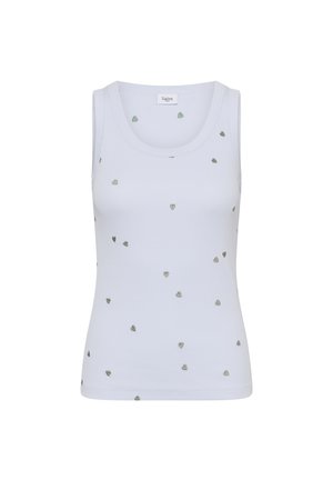 White ribbed sleeveless tank top with small scattered silver heart patterns and a round neckline.