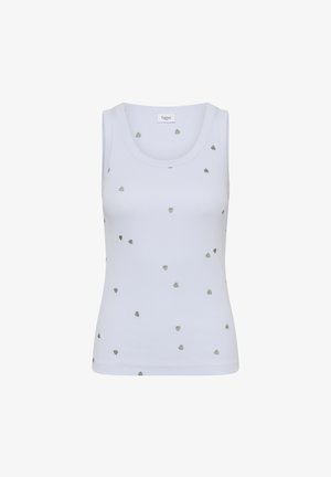 White ribbed sleeveless tank top with small scattered silver heart patterns and a round neckline.