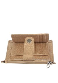 Beige wallet made from textured material, featuring a snap closure, multiple card slots, and a zippered compartment for coins.