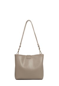 Borsa tote in pelle beige con finitura testurizzata, dotata di un'unica tracolla regolabile, design minimalista e un piccolo dettaglio frontale a linguetta.