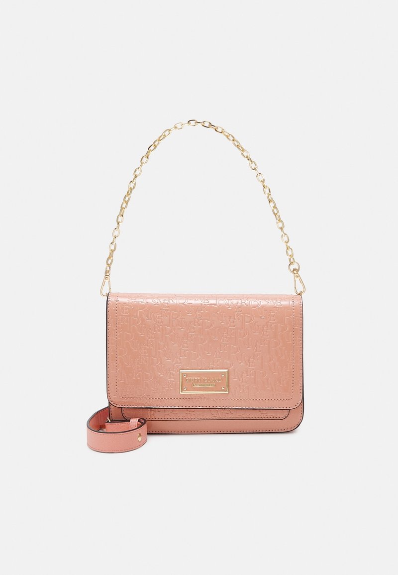 Light pink faux leather shoulder bag featuring embossed logo design, gold chain strap, and a detachable wrist strap. Rectangular shape.