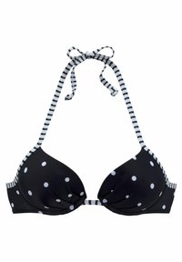 Black bikini top featuring white polka dots, triangular cups, and striped black-and-white ties. Smooth fabric with a soft texture.