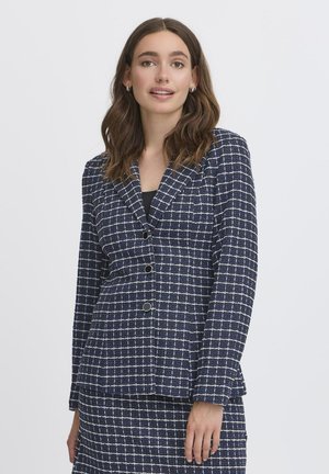 Marineblauer Blazer mit einem weißen Karomuster, einreihiges Design, zwei Knöpfe, Reverskragen und strukturiertem Stoff.