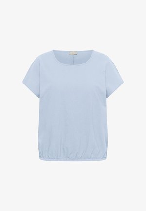 Light blue short-sleeve blouse with round neckline and elasticated hem, made from soft, lightweight fabric.