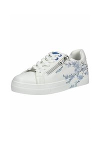 Sneaker in pelle bianca con dettagli floreali blu, dotato di una cerniera laterale, lacci bianchi e suola in gomma testurizzata. Nome del marchio "Dockers" visibile.