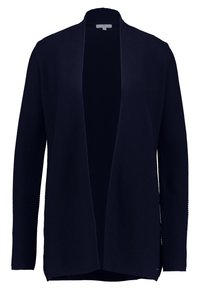 Granatowy cardigan z otwartym przodem wykonany z fakturowanej dzianiny. Posiada długie rękawy i luźny krój z prążkowaniem wzdłuż krawędzi.