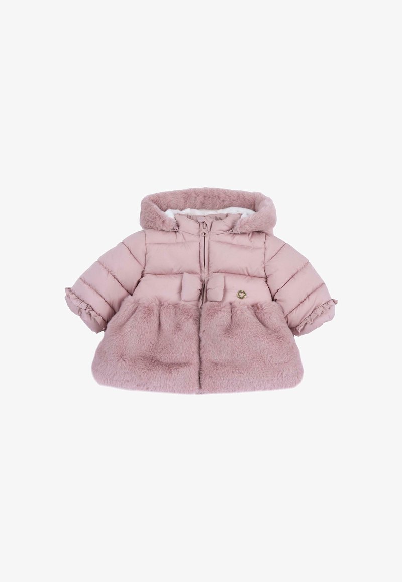 Veste bébé rose matelassée avec bordure en fausse fourrure sur la capuche et le bas, fermeture éclair à l'avant et poignets de manches à volants.