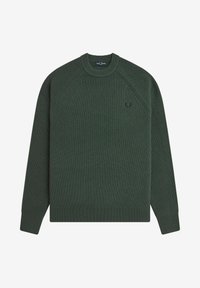 Maglione verde a coste con maniche raglan, scollatura tonda e piccolo logo ricamato sul petto. Tessuto strutturato.