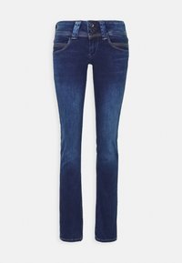 Tmavě modré džíny z denimu s rovnými nohavicemi, zipem a dvěma knoflíky, viditelným prošíváním a pěti kapsami.