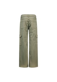 Khaki Cargo-Hosen mit einer entspannten Passform, mehreren Taschen und einem glatten, strapazierfähigen Baumwoll-Mischgewebe.