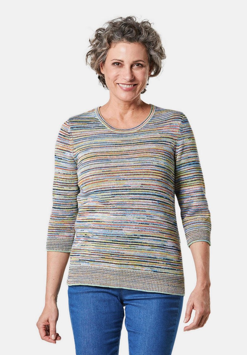 Multicolor gestreifter Strickpullover mit Dreiviertelärmeln, Rundhalsausschnitt und strukturiertem Rippabschluss. Kombiniert mit blauen Jeans.