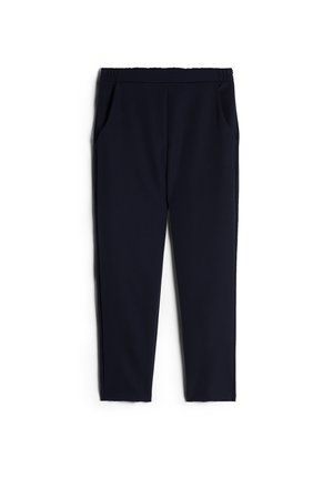 Marinblå byxor med elastisk midja, sidofickor och rak bendesign. Slät tygkvalitet utan synliga mönster eller detaljer.