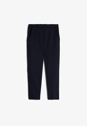 Navy blue elastic waistband pants with side pockets and a straight-leg design. Smooth fabric texture with no visible patterns or accents.