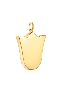 Péndulo en forma de tulipán de oro con superficie pulida, que presenta un lazo para su sujeción en la parte superior. Textura suave, diseño elegante.