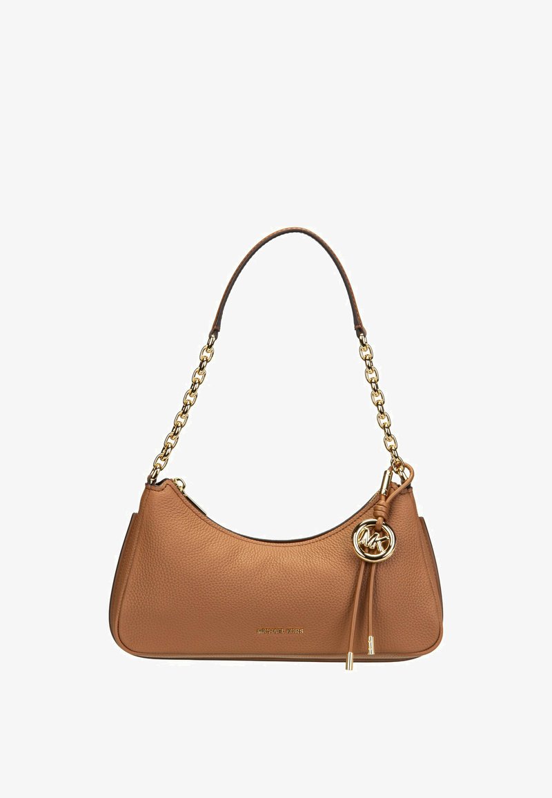 Brown leather handbag with gold chain strap and circular gold logo charm hanging on the side.