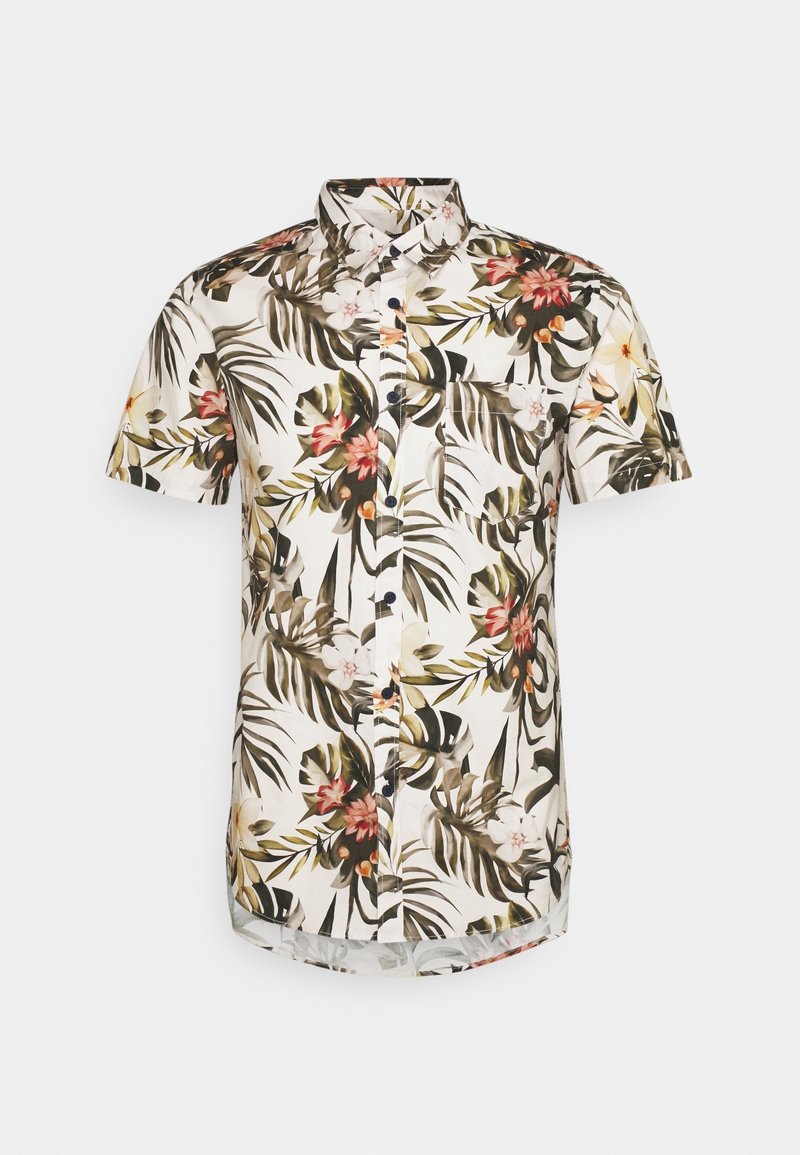 Chemise à manches courtes boutonnée avec un fond blanc et un imprimé floral tropical dans des tons verts, marron, rose et orange.