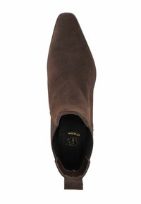 Bruine suède enkelboot met een pointed toe, voorzien van een lusje aan de hiel en een zachte, gestructureerde afwerking. Het interieur heeft een merkdetail.