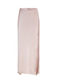 Gonna midi in satin rosa chiaro, caratterizzata da un taglio diritto, una texture liscia e una cerniera nascosta sul retro. Nessun motivo né decorazioni.