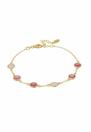 Gold-tone bracelet featuring alternating round pink and white stones set in individual gold frames, with a lobster clasp and adjustable chain.