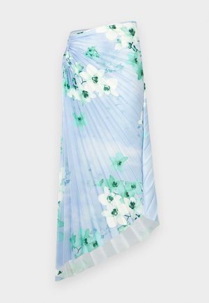 Plisovaná sukně z jasně modré látky s květinovým vzorem, na kterém jsou zelené a bílé květy; mírný lesk a kontrastní strukturovaný lem.