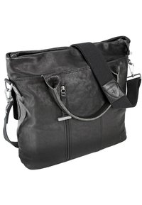 Černá kožená taška typu messenger s texturovaným povrchem, stříbrným kováním, odnímatelným popruhem a několika kapsami na zip.