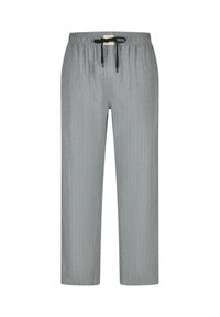 Pantalones rayados grises con cintura elástica, cordón, perneras anchas y una textura suave, que ofrecen un ajuste relajado y un patrón sutil.