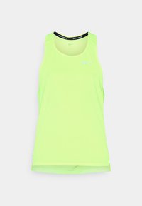 Neon żółta tank top Nike dla kobiet z oddychającą siateczkową teksturą, zaokrąglonym dekoltem i małym odblaskowym logo na piersi.