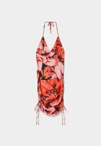 Abito halter floreale in tonalità rosso e rosa, con scollatura a V, arricciature laterali e lacci regolabili per una vestibilità personalizzabile.