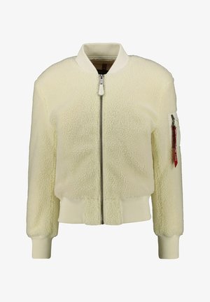 Cremfarbener Bomberjacke aus strukturiertem, flauschigem Stoff, mit einem Frontreißverschluss und gerippten Bündchen und Saum. Seitentasche mit Hardware-Detail.
