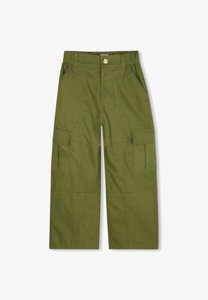 Groene cargo broek met een rechte snit, gemaakt van een gestructureerde stof. Bevat meerdere zijzakken en een knoopsluiting bij de taille.
