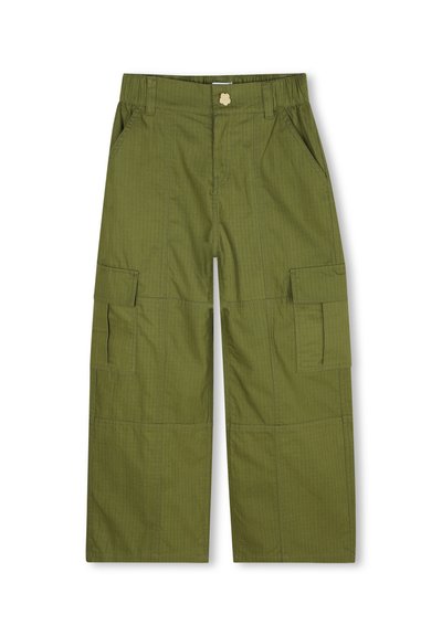 Groene cargo broek met een rechte snit, gemaakt van een gestructureerde stof. Bevat meerdere zijzakken en een knoopsluiting bij de taille.