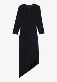 Schwarzes langärmliges Kleid mit asymmetrischem Saum, das mit gerafften Stoffdetails, einem dezenten Glanz und einem versteckten Reißverschluss im Rücken ausgestattet ist.