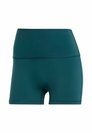 Teal atletske kratke hlače izrađene od glatkog, rastezljivog materijala. Visoki pojas s ravnim šavovima, s prilagođenim dizajnom i dužinom do sredine bedara.