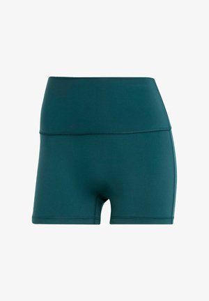 Pantaloni corti sportivi in teal realizzati in materiale liscio e elastico. Vita alta con cuciture piatte, caratterizzati da un design aderente e lunghezza fino a metà coscia.