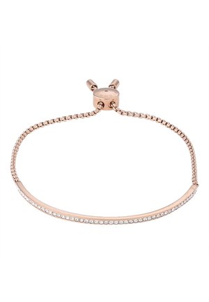 Bracelet ajustable en or rose avec une fine barre ornée de petits cristaux clairs sur une chaîne à fermoir coulissant.