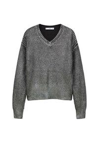 Musta ja harmaa neulottu villapaita V-kauluksella, pitkät hihat ja resorireuna. Valmistettu teksturoidusta langasta, rento ja lyhyt malli.