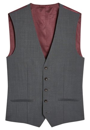 Gilet grigio con una texture liscia, caratterizzato da cinque bottoni scuri, due tasche frontali e un rivestimento interno con motivo bordeaux.
