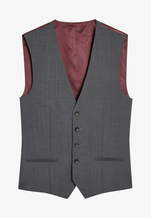 Szary kamizelka o gładkiej fakturze, z pięcioma ciemnymi guzikami, dwiema przednimi kieszeniami i bordowym wzorzystym podszewką.