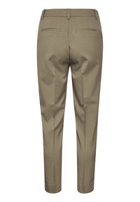 Olivgröna skräddarsydda byxor har en smal passform, bakfickor och en mjuk textur, designade med en standard midjeresår och subtila sömmar.