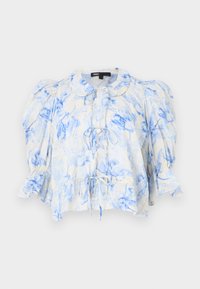 Tejutas blúz krém színben, kék virágmintákkal, puffos ujjakkal, gallérral és elülső megkötő résszel. Könnyű anyag, laza, texturált felülettel.