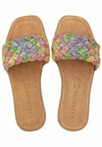 Geweven schuursandalen met veelkleurige rhinestones, met een scalloped bandontwerp. Zachte suède binnenzool met een gebrandmerkte naam.