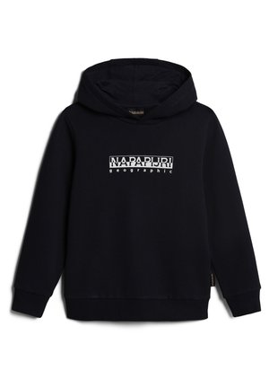 Marineblauer Pullover mit Kapuze aus weichem Baumwollmischgewebe. Mit vorderem Logodruck und gerippten Bündchen sowie Saum für eine bequeme Passform.