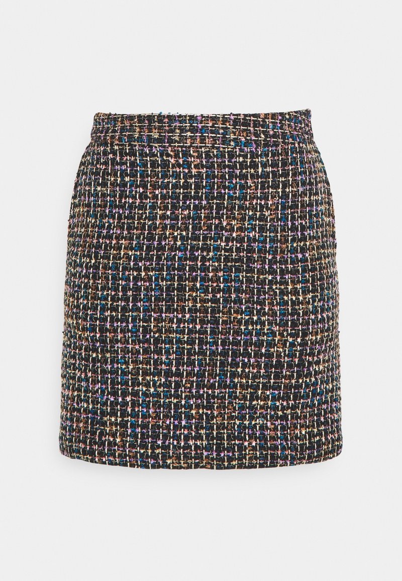 Tweed-Minirock mit einem strukturierten Design und einem mehrfarbigen Muster aus lila, blau und braunen Fäden auf schwarzem Grund.