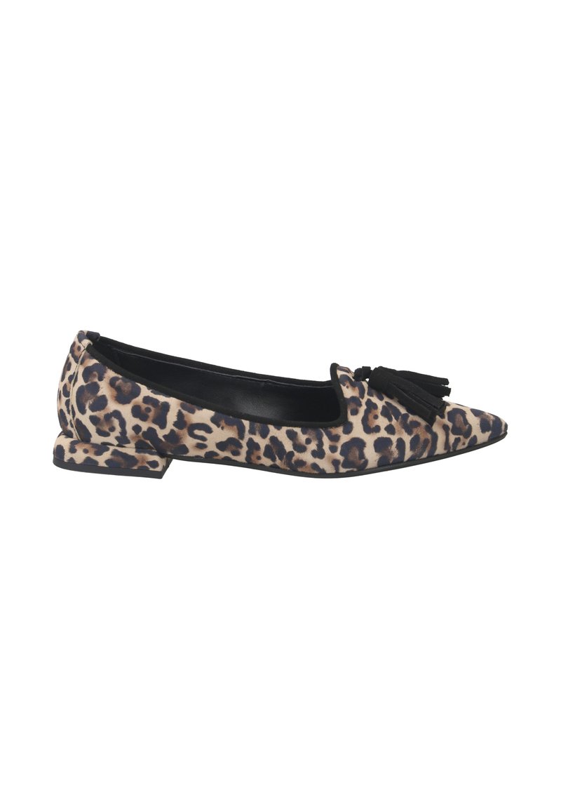 Leopard print flat shoe with a pointed toe, featuring a black tassel accent and a small heel. Fabric upper with a smooth texture.