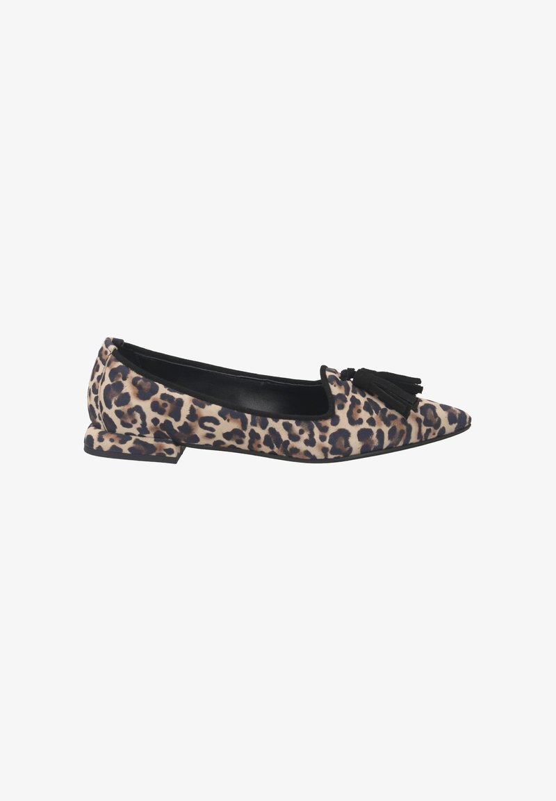 Leopard print flat shoe with a pointed toe, featuring a black tassel accent and a small heel. Fabric upper with a smooth texture.