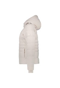 Chaqueta corta tipo puff en beige claro con capucha. Cuenta con secciones acolchadas, un bolsillo con cremallera y puños elásticos. Material liso e insulated.