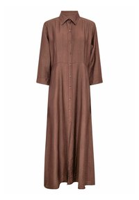 Brown, long-sleeve, button-up dress with a collared neck, mid-calf length, crisp texture, and a structured fit. No patterns or accents.