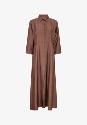 Brown, long-sleeve, button-up dress with a collared neck, mid-calf length, crisp texture, and a structured fit. No patterns or accents.